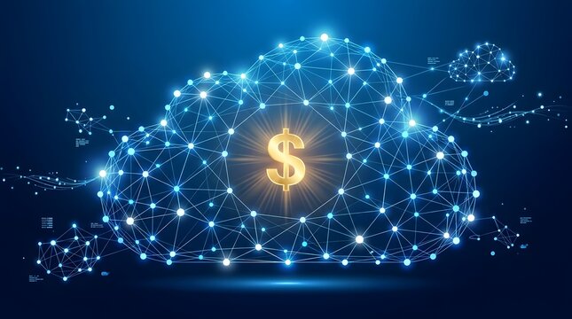 Cloud network with golden dollar sign in center