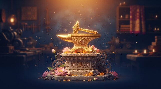 golden light and sacred lamp for Vishwakarma Puja celebration blending factory skyline and spiritual festival