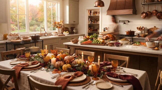  Preparing Thanksgiving kitchen scene with festive table setting, pumpkins and autumn dishes ready for family harvest dinner
