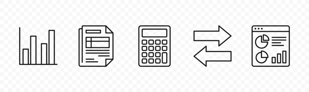 flat vector illustration line art icon bundle set design focused on corporate payroll billing spreadsheets line charts calculators and transfer sync loops