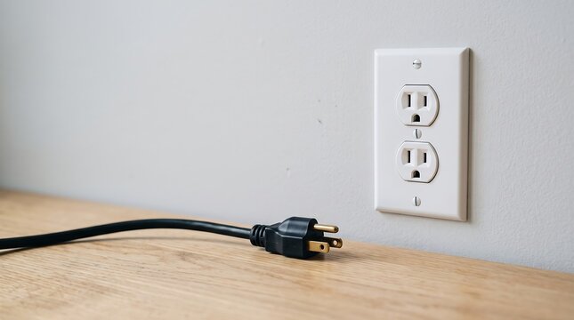 Black electrical power cord on wooden desk, white wall outlet socket, minimalist home office energy concept