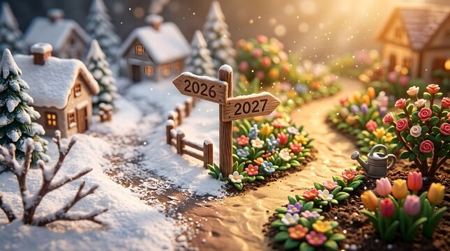 Signpost showing 2026 and 2027 in a winter and spring landscape
