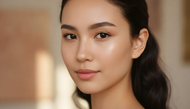 Photorealistic close-up portrait of a pure and luminous female beauty model