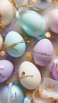 Pastel Easter eggs with ribbons and light