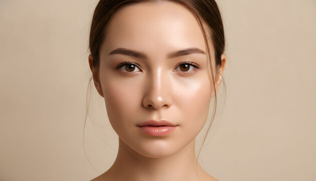 Photorealistic close-up portrait of a pure and luminous female beauty model
