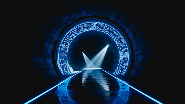 Neon Circuit Portal in Dark Wet Stone Tunnel
