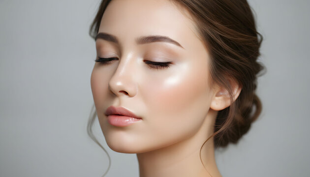 Photorealistic close-up portrait of a pure and luminous female beauty model