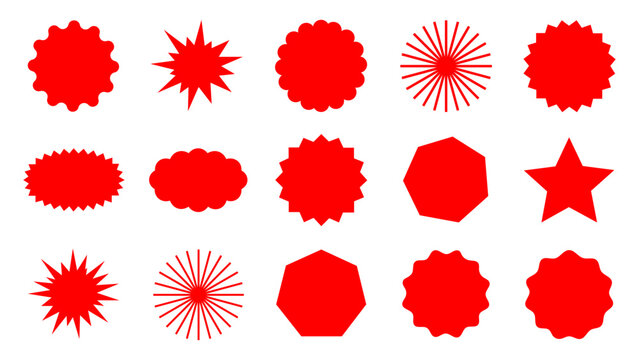 Set of red starburst, sunburst badges, Sale sticker, price tag, starburst icon set , Circle sticker set. Wavy edge promo red badges. Star burst shape tags for price. Red sale tag. red starburst icon. 