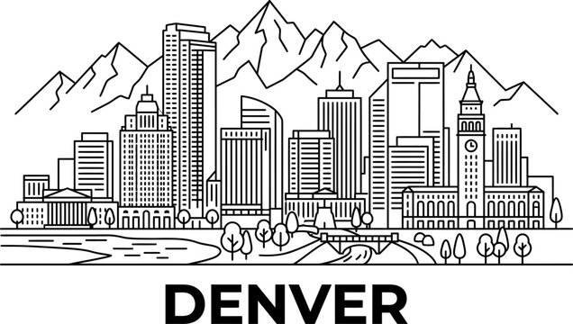 Minimalist line drawing of denver skyline with mountains in background