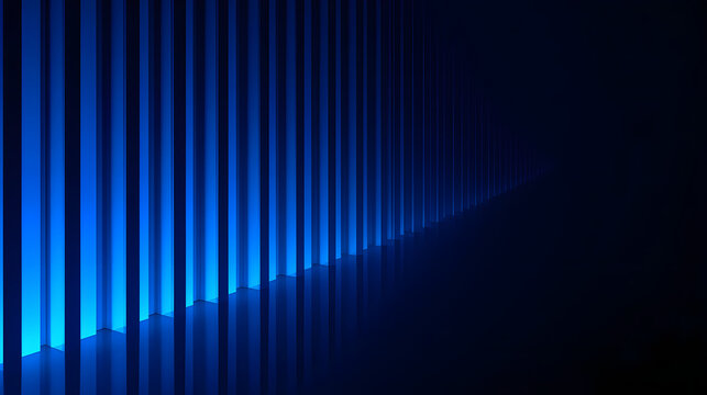 Blue Light Grid: An abstract composition featuring a series of parallel vertical blue illuminated lines receding into darkness, creating a sense of depth and digital atmosphere.