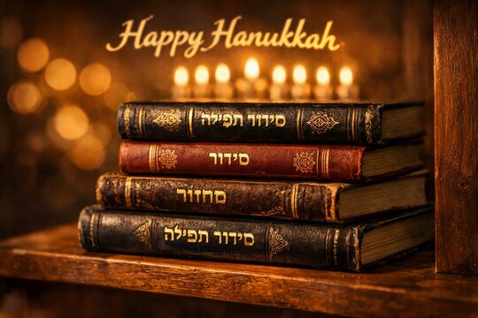 Happy hanukkah stacked hebrew prayer books with candles and warm bokeh background for holiday greeting card banner and festive design