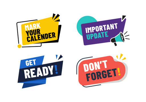 Reminder and announcement badge collection in a bold flat vector style featuring calendar, important update, get ready and forget-me-not message labels