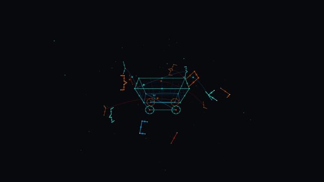 Futuristic neon wireframe shopping cart glowing on black background, digital retail