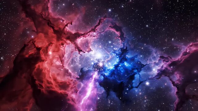 Deep space nebula with glowing blue stars and red cosmic dust clouds in the galaxy.