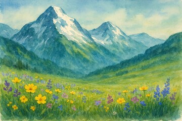 Fototapeta premium Watercolor illustration of colorful alpine blossoms blooming before snowy mountain range