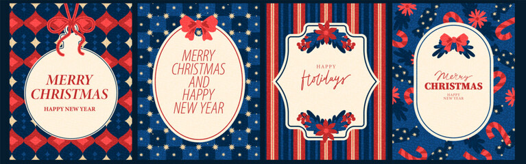 Fototapeta na wymiar Merry Christmas greeting card template in retro vintage, classic traditional style. Geometric patterns with lines, stripes, stars, holiday decor. New Year greetings, frames.