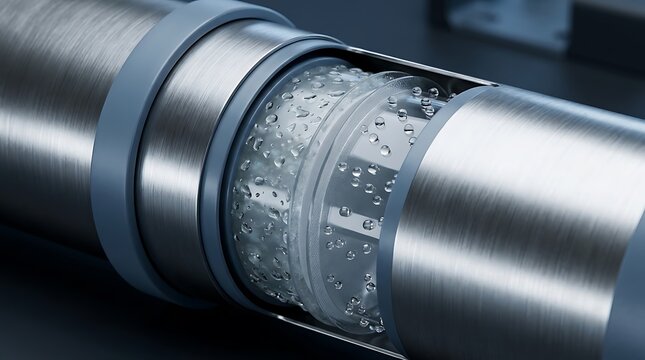 Desalinization technology concept showing a close up view of an industrial water filtration pipe and cylinder