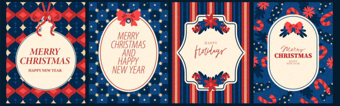 Merry Christmas greeting card template in retro vintage, classic traditional style. Geometric patterns with lines, stripes, stars, holiday decor. New Year greetings, frames.