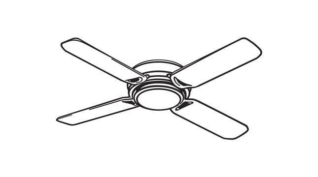 Isometric line art of a four-blade ceiling fan