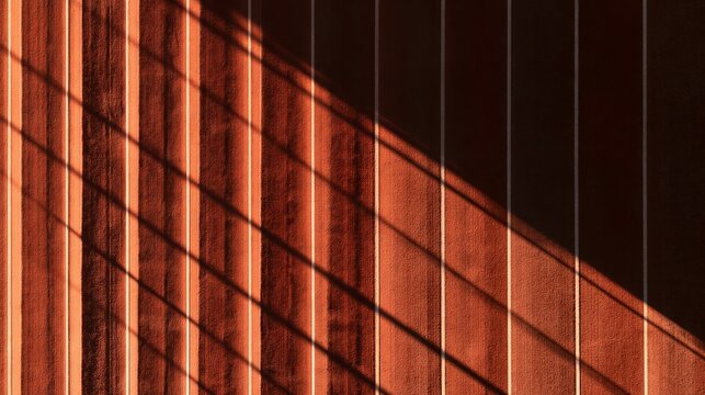 Abstract architectural pattern of vertical lines and diagonal shadows on a warm orange textured wall surface creating geometric design