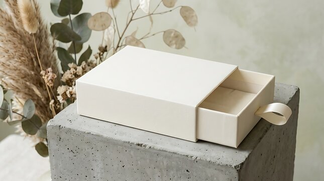 Blank white slide open gift box on a grey concrete block with green plants