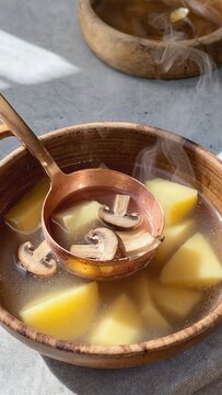 Potato mushroom soup being ladled