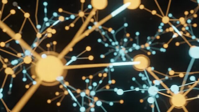 Cinematic slow pan through glowing data network nodes
