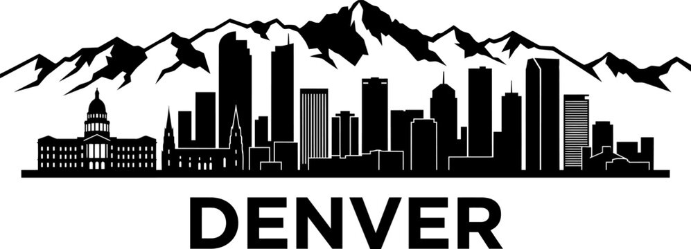 Black and white denver city skyline with mountains silhouette illustration