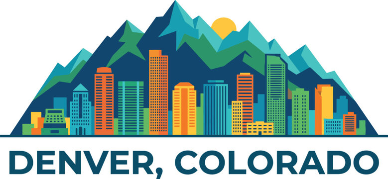 Colorful vector illustration of denver colorado skyline with mountains in retro pixel art style