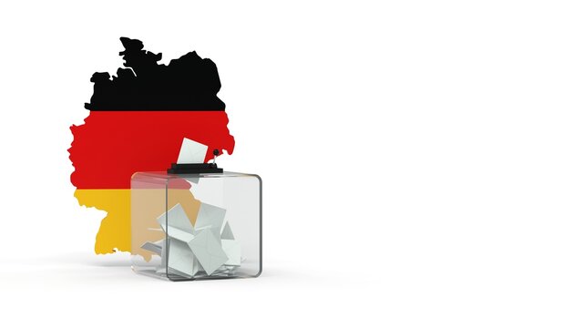 German elections concept with ballot box and map of Germany in German flag colors isolated on white background
