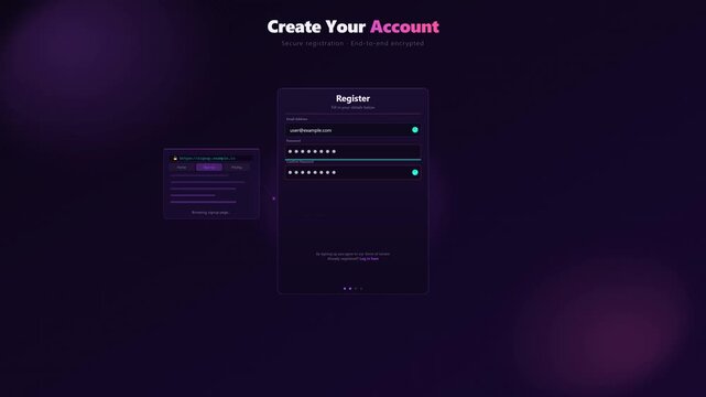 User registration form interface appearing on solid dark background, digital UI animation