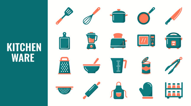 Set of flat vector icons representing various kitchenware and cooking utensils for culinary design.