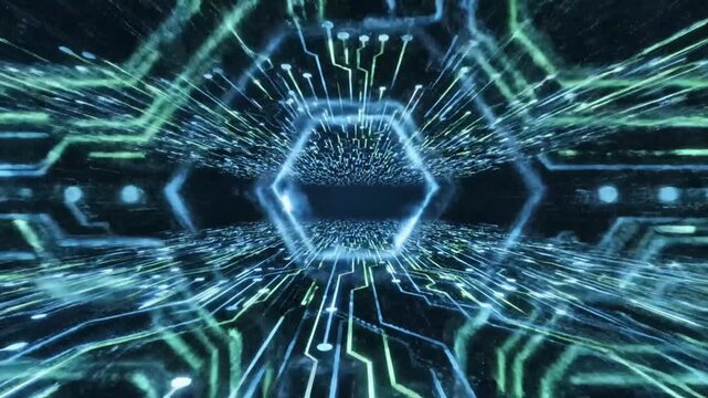 Glowing digital circuit cube with intricate patterns and data flow