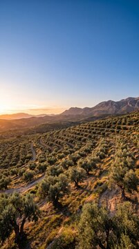Aerial view of a vast olive grove plantation at sunset in Andalusia Spain.