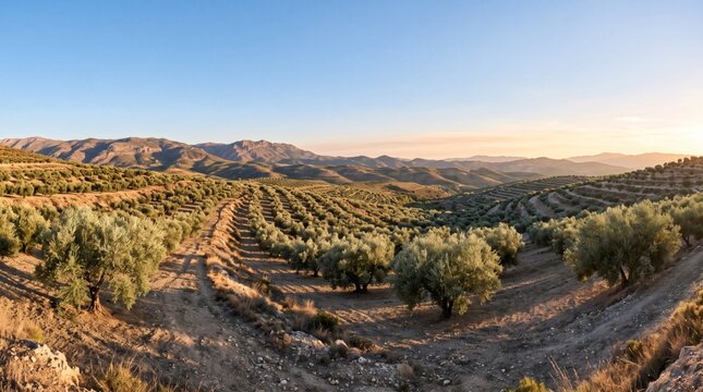 Panoramic view of an olive grove plantation in the mountains at sunset.