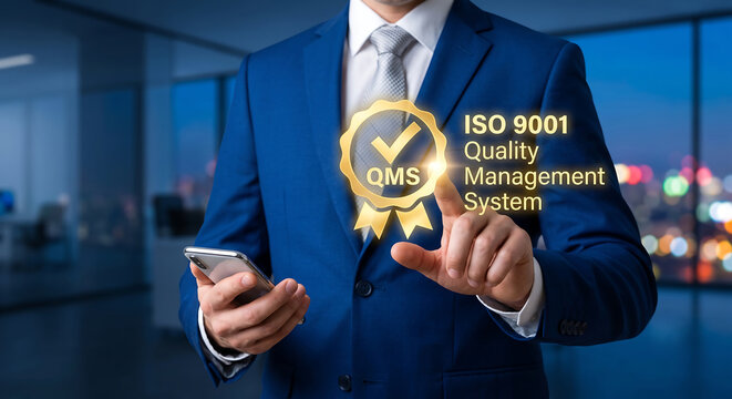 ISO 9001 quality management system concept with business professional presenting certified excellence, compliance, and operational standards. Concept of ISO.
