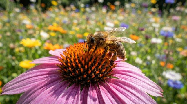 A honeybee is diligently collecting nectar from a vibrant coneflower in a colorful wildflower meadow. The bee is focused on the flower, extending its proboscis to gather 