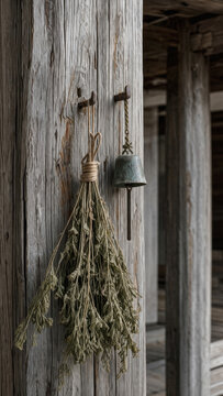 Dried Herb Bundle and Bronze Bell Hanging on Weathered Wooden Post