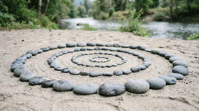 Concentric stone circles arranged on a sandy riverbank