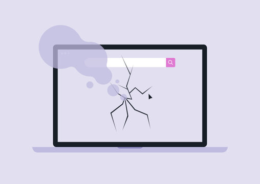 A cracked screen laptop displays web search bar, symbolizing broken technology and the need for repair, drawing attention to digital challenges faced daily by users