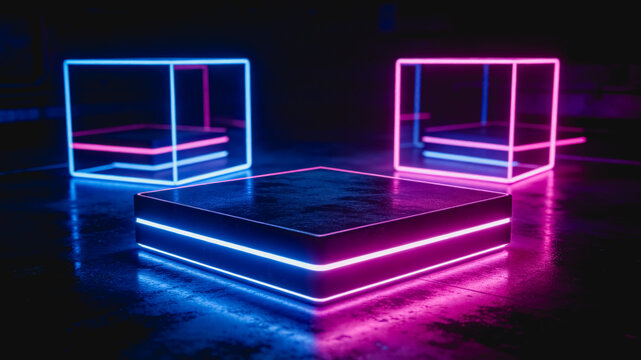 Neon Lit Geometric Frames and Platform in Dark Space