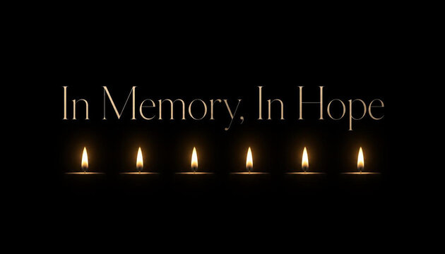 Six glowing candle flames aligned horizontally below elegant typography on a solid black background setting with against dark background beneath text memory glow row beneath