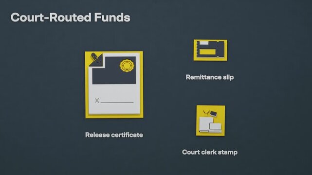 Garnishment redirects debtor payments under a court writ, with the release certificate highlighted as the preferred document for closing the legal file. Flat 3D style.