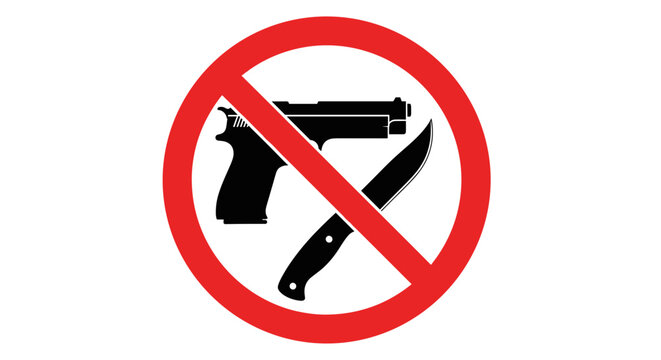 Prohibited Weapons Sign with Red Circle. Vector Illustration of a No Firearms and Knives Symbol. Safety Icon Design for Restricted Areas.