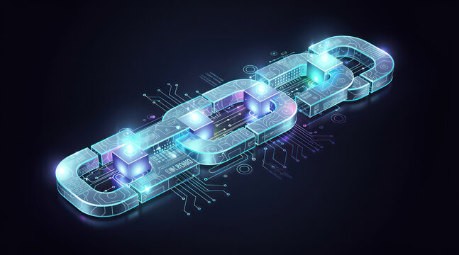 Blockchain technology concept with glowing digital links in 3d