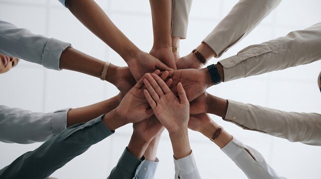Diverse team stacking hands in circle for collaboration and unity