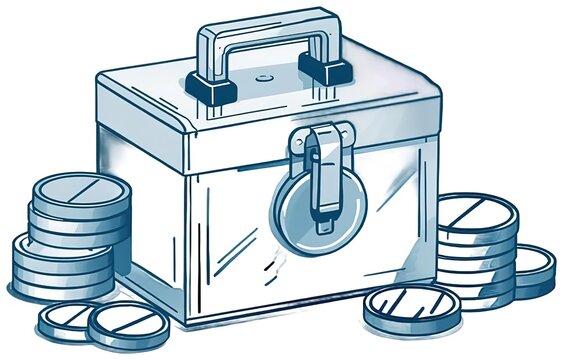 Sketch illustration of a metal cash box surrounded by stacks of coins.