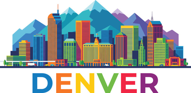 Colorful vector illustration of denver skyline with rainbow letters