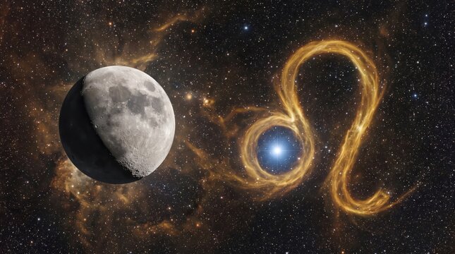 Moon in Leo astrology concept, waxing gibbous Moon with the Leo zodiac symbol formed by a golden nebula loop and bright star in deep space, digital illustration