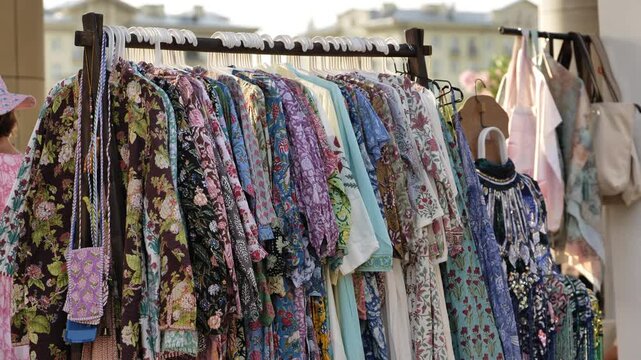 Clothing rack displaying colorful block print kaftans and boho apparel at a street market